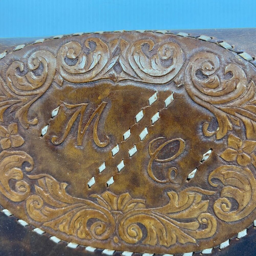 Vintage Hand Tooled Leather Crossbody Bag Brown Western Style Braided Strap - Picture 5 of 6